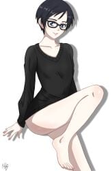 1girls 2020s 2023 alice_winters ass bare_ass bare_legs barefoot black_hair black_sweater blue_eyes blush bottomless collarbone female flat_chest glasses hi_res looking_at_viewer nashdnash2007 original pale-skinned_female pale_skin parted_lips short_hair signature simple_background sitting smile smiling solo sweater sweater_only teeth toes white_background