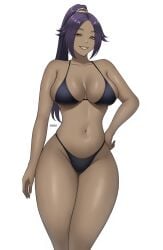 1girls big_ass bikini bleach dark-skinned_female dark_skin female hand_on_hip lazier long_hair looking_at_viewer mature mature_female ponytail purple_eyes shihouin_yoruichi smiling smiling_at_viewer solo solo_female thick thick_thighs yellow_body