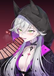 1boy black_jacket blush body_markings breasts censored choker coffeekite crossed_bangs demon_girl demon_horns ear_piercing erection fate/grand_order fate_(series) female green_eyes grey_hair highres hood horns jacket lilith_(fate) lilith_(first_ascension)_(fate) long_hair long_sleeves low_twintails penis piercing smile straight twintails
