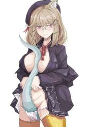animal_ears arknights cleavage convenient_censoring covering_crotch female female_only glasses ken_(shutenndouji1) lifting_skirt nipple_bulge panties skirt tail thighhighs utage_(arknights) utage_(disguise)_(arknights)