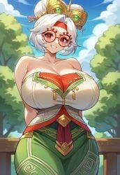 1girls ai_generated big_breasts breasts civitai cleavage clouds collarbone dress exposed_shoulders female glasses gown highres large_breasts light-skinned_female nintendo outside purah purah_(tears_of_the_kingdom) red_eyes red_glasses sheikah skin_tight smile solo tears_of_the_kingdom the_legend_of_zelda white_hair