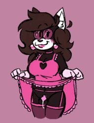 1girls anthro canine cock cock_cage cum_trail domestic_cat domestic_dog feline female feminization hybrid jieze_(jieze) lipstick lyraarts oc print_panties skunk solo trans_woman transfem