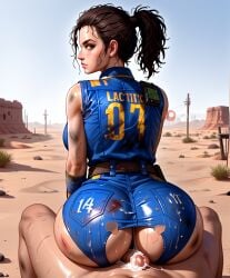1boy after_sex ai_assisted ai_generated artist_request ass belt blue_eyes breasts brown_hair buttjob clothed_female_nude_male clothed_sex cowgirl_position cum cum_on_ass cum_on_clothes day desert dirty fallout female from_behind hair_pulled_back large_breasts lips looking_at_viewer looking_back nose nude outdoors penis ponytail pov reverse_cowgirl_position shorts sleeveless solo_focus straddling straight sweat tagme torn_clothes uncensored