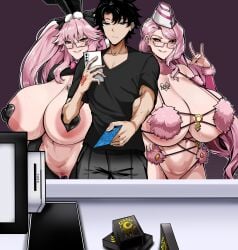 1boy 2025 2girls bunnysuit cash cash_register dangerous_beast fate/grand_order fate_(series) fujimaru_ritsuka_(male) handing_over holding holding_object holding_phone koyanskaya_(assassin) koyanskaya_(fate) koyanskaya_(foreigner) mash_kyrielight_(dangerous_beast)_(cosplay) money nonchalant owner1657 paying reverse_bunnysuit