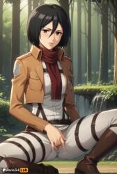 1girls ai_generated artist_name attack_on_titan belt black_eyes black_hair blush boots breasts brown_footwear brown_jacket cropped_jacket emblem female_masturbation forest hair_between_eyes hi_res jacket lips long_sleeves looking_at_viewer masturbation mikasa_ackerman nature open_clothes open_jacket outdoors pants paradis_military_uniform patreon_logo patreon_username pussy red_scarf rule34lab scarf shingeki_no_kyojin short_hair sitting solo spread_legs thigh_strap uncensored water white_pants