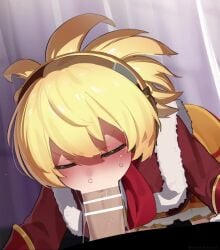 1boy absurdres all_the_way_to_the_base animated blonde_hair blue_eyes blush cum cum_in_mouth cum_in_throat cum_on_face cum_on_hair cum_overflow deepthroat female fur-trimmed_jacket fur_trim heart heart-shaped_pupils highres jacket male megido72 mizumizuni penis red_jacket red_scarf scarf shax_(megido72) straight swallowing_cum sweat symbol-shaped_pupils tagme video