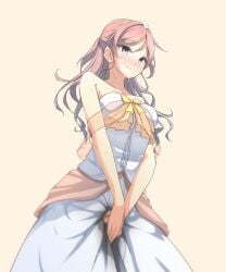 1girls azukilib bare_shoulders between_legs blue_eyes blue_hair blush bow breasts collarbone cowboy_shot dress embarrassed female_focus gradient_hair hand_between_legs have_to_pee long_hair medium_breasts multicolored_hair nose_blush original own_hands_together peeing peeing_self pink_hair ponytail see-through_clothes solo standing strapless strapless_dress sweat swept_bangs tiara v_arms wet wet_clothes white_dress yellow_bow