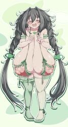 embarrassed feet_together_knees_apart gigantic_breasts huge_areolae huge_nipples hyper_breasts lactation open_mouth original original_character red_eyes sagging_breasts scaf_(artist) shy thighhighs toes v wavy_mouth
