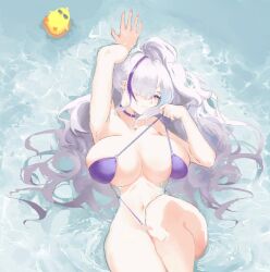 arm_up armpits azur_lane bikini breasts cg choker cleavage female hair_over_one_eye huge_breasts large_breasts long_hair looking_at_viewer lying multicolored_hair navel official_alternate_costume on_back ponytail purple_bikini purple_choker purple_eyes purple_hair solo strap_pull streaked_hair swimsuit thighs unzen_(azur_lane) unzen_(sojourn_through_clear_seas)_(azur_lane) very_long_hair water white_hair