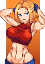 1girls abs absurdres armpits arms_behind_head big_breasts blonde_hair blue_eyes blue_mary breasts busty fatal_fury female female_only fingerless_gloves gloves highres king_of_fighters large_breasts looking_at_viewer midriff muscular muscular_female navel open_mouth pants pose short_hair sidelocks sleeveless smile snk solo toned