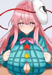 1girls bow button_gap cleavage expressionless hata_no_kokoro highres long_hair mask moriforest1040 pink_eyes pink_hair pressing_breasts resting_breasts shirt solo touhou