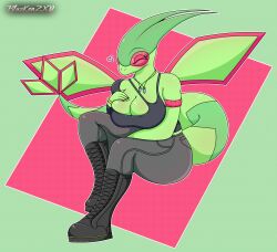 2022 anthro anthrofied big_breasts big_tail blazkenzxy boots cleavage closed_eyes clothing curvy_figure digital_drawing_(artwork) digital_media_(artwork) dragon female flygon green_body heart hi_res pokémon_(species) pokemon pokemon_(species) pokemorph signature simple_background solo tight_clothing video_games wings