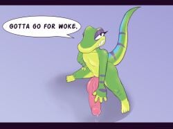 2023 4_fingers 4_toes anthro bodily_fluids circumcised dialogue english_description english_text erection eyelashes fawxythings featureless_chest feet fingers gecko genital_fluids genitals gex_(series) gex_the_gecko green_body green_scales hand_on_leg hand_on_thigh hi_res high-angle_view humanoid_genitalia humanoid_penis leaking_precum leg_markings lizard male markings nude_anthro nude_male penis pink_penis precum purple_eyelids purple_stripes reptile scales scalie smile socks_(marking) solo speech_bubble spread_legs spreading standing striped_arms striped_markings striped_tail stripes tail tail_markings text toes vein veiny_penis
