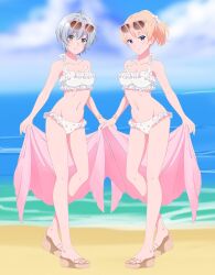 2girls ayase_saki bare_shoulders beach bikini blonde_hair cleavage full_body green_eyes jaku-chara_tomozaki-kun kikuchi_fuuka large_breasts looking_at_viewer medium_breasts ponytail ribbon short_hair silver_hair standing sunglasses sunglasses_on_head towel white_bikini