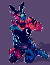 1boy arm_up armor armored_male belt black_bow blue_armor bow bunny_costume bunny_ears bunnysuit crossdressing dead_source headband kamen_rider kamen_rider_build kamen_rider_build_(series) kneeling looking_at_viewer low_quality male male_focus male_only on_ground on_knees puzzlebot rabbit red_armor shadow solo tank upscaled