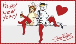 abstract_background alcohol anthro antlers avo_faliya balls beverage big_nipples black_body black_fur blue_eyes brown_eyes cervine choker clothing countershading cybernetic_arm cybernetic_limb cybernetics dark_body dark_skin deer duo evening_gloves eyebrow_percing felid female female/female foreskin fur genitals gloves gynomorph hair hair_bun handwear heart_symbol highlights_(coloring) holidays horn intersex jewelry kcdodger legwear light_body light_skin machine mammal necklace new_year nipple_piercing nipples pantherine penis piercing postcard prosthetic saladin_faliya sidecut signature small_nipples smile stockings stripes tail tan_body tan_fur text thigh_highs tiger trans_(lore) trans_woman_(lore) white_body white_fur