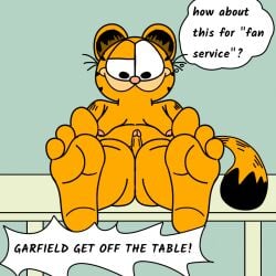 dialogue feet feline furry garfield_(series) garfield_the_cat genitals looking_down male male_only nickelodeon orange_body orange_fur redsheep shouting small_penis speech_bubble table text thick thick_thighs think_bubble