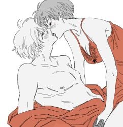 1boy 1girls blush canon_couple cleavage female french_kiss gegege_no_kitarou hi_res husband_and_wife iwako_(gegege_no_kitarou) kissing kitarou_tanjou_gegege_no_nazo male married_couple medama_oyaji_(human) negligee nightgown restricted_palette short_hair sitting_on_person spot_color straddling sweat very_short_hair
