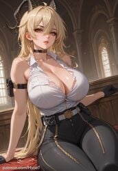 ai_generated alternate_version_at_source big_breasts blonde_hair breasts female horns hypet indoors long_hair looking_at_viewer pants shiny_skin sitting tagme thick thick_ass thick_thighs thighs wuthering_waves zani_(wuthering_waves)