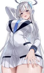 1girls absurdres arm_behind_head between_breasts black_eyes blue_archive blue_halo blue_necktie blush breasts commentary cowboy_shot halo hand_on_own_thigh headgear highres impossible_clothes impossible_jacket impossible_shirt impossible_skirt jacket large_breasts long_hair long_sleeves looking_at_viewer looking_down mechanical_halo miniskirt necktie necktie_between_breasts noa_(blue_archive) open_mouth pleated_skirt school_uniform shiny_skin shirt skirt solo standing very_long_hair white_hair white_halo white_jacket white_shirt ya_ta