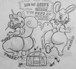 2024 4_fingers absurd_res anthro apple ass big_butt boombox buckteeth candy candy_apple cheek_tuft clothing crouching cuddles_(htf) dessert duo english_description english_text exclamation_point facial_tuft fauxtellno1 fingers food footwear fruit happy_tree_friends head_tuft heart_nose heart_symbol hi_res lagomorph lazy_eye leporid lollipop long_ears looking_back male mammal monochrome motion_lines musical_note musical_symbol nutty_(htf) on_one_leg one_eye_closed open_mouth plant rabbit rabbit_ears rear_view rodent sciurid shaking_butt shoes slippers small_tail smile standing symbol tail teeth text thick_thighs traditional_media_(artwork) tree_squirrel tuft twerking