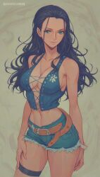 1girls :) ai ai_generated black_hair blue_eyes breasts female female_focus female_only hand_on_leg jeans_shorts long_hair navel nico_robin one_piece quinzo11 self_upload shounen_jump smile smiling standing standing_female toei_animation vest white_background