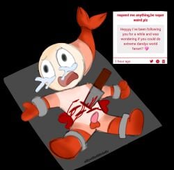 animal_humanoid anthro arthropod arthropod_humanoid blood bodily_fluids crustacean crustacean_humanoid crying dandy's_world genitals gore gore_focus hi_res humanoid knife male marine marine_humanoid penis red_body shrimp shrimp_humanoid shrimpo_(dandy's_world) sillywillydillydally small_penis smaller_male solo spread_legs spreading stab tears torment torture