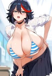 1girls ai_generated bangs bent_over bikini_under_clothes cleavage clothes_pull cowboy_shot deep_cleavage female hair_streak hand_on_own_hip hanging_breasts huge_breasts indoors kill_la_kill large_breasts leaning_forward massive_breasts matoi_ryuuko open_clothes pleated_skirt pulling_clothing school_uniform shimapan short_hair skirt solo striped_bikini striped_bikini_top striped_bra striped_panties thick_ass two_tone_hair voluptuous wide_hips