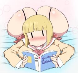 1girls absurd_res alternate_version_available ass ass big_ass big_breasts big_butt blonde_hair blush book breasts bubble_ass bubble_butt fat_ass female female_only highres huge_ass huge_butt large_ass large_breasts lying mob_face nichijou on_stomach school_uniform sekiguchi_yuria short_hair solo solo_female thanuki thanukiart thick thick_ass voluptuous wide_hips