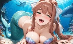 1girls ai_generated blush bubbles coral coral_brown_hair doki_doki_literature_club female green_eyes looking_at_viewer mermaid monika_(doki_doki_literature_club) open_mouth pixai pov seashell_bra solo underwater whale white_ribbon