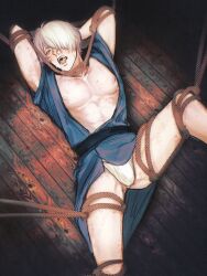 2d arms_up blood bondage bruise bruised bruises captured defeated dilf fundoshi gegege_no_kitarou hair_over_one_eye kimono kitarou_tanjou_gegege_no_nazo looking_at_viewer male male_only medama_oyaji_(human) nipples nosebleed on_back open_clothes open_kimono open_mouth pale-skinned_male pale_skin pecs restrained rope rope_bondage solo sweat tk_zenjin toned toned_male white_hair