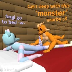 3d_(artwork) anthro balls bed blender_(artwork) blender_eevee blue_body blue_fur breasts canid canine d3nofur dialogue digital_media_(artwork) dominant dominant_female duo duo_focus female fox fur furniture furry_only genitals group horn humanoid_genitalia humanoid_penis humor kobold licking long_tongue male male/female mammal microsoft minecraft mojang one_eye_closed oral orange_body penile penis penis_lick pink_body pink_fur pixelated scalie sex sogi_(d3nofur) sparky_(d3nofur) tail tongue wink xbox_game_studios