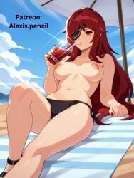 1girls ai_generated alexispencil beach eyepatch female hwa_ryun nail_polish no_bra painted_nails patreon patreon_username red_eyes red_hair red_nails sipping tagme topless tower_of_god