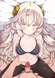 1boy absurdres black_bra black_panties black_pantyhose blonde_hair bra breasts censored closed_mouth commentary_request commission female heart heart_bra heart_print highres jon_(pixiv31559095) long_hair looking_at_viewer lying medium_breasts mosaic_censoring no_shirt on_back original paid_reward_available panties pantyhose partial_commentary penis pov pov_crotch pov_hands print_bra red_eyes skeb_commission straight torn_clothes torn_pantyhose torso_grab underwear wavy_hair