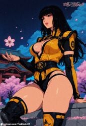 ai_generated armored_female black_hair blue_eyes female hi_res kunoichi thick_thighs