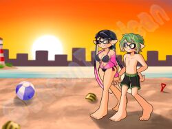 1boy bacontactician beach bikini callie_(splatoon) female inkling_boy inkling_girl oc ocean original_character outdoors outside swimsuit swimwear tacticalbacon84