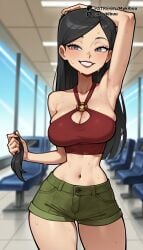 1girls ai_generated arm_up armpits bare_shoulders black_hair blurry blurry_background blush breasts cleavage cleavage_cutout clothing_cutout collarbone cowboy_shot crop_top green_shorts grey_eyes grin halterneck heather_(tdi) holding holding_hair indoors large_breasts lips lipstick long_hair looking_at_viewer makeup midriff mykibuu navel o-ring o-ring_top parted_bangs red_lips red_shirt shirt short_shorts shorts skindentation smile solo standing stomach sweat swept_bangs thick_thighs thighs tile_floor tiles total_drama_(series) total_drama_island very_sweaty wide_hips