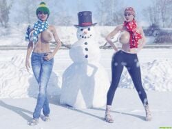 2022 2girls 3d christmas female female_only huge_breasts jeans looking_at_viewer multiple_girls outdoor outdoor_nudity outdoors outside seppukusammy slushe_(website) smile snowman topless topless_female winter