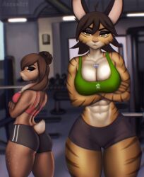 2022 abs animal_humanoid aozee arms_under_breasts artist_name ass athletic athletic_female benni_(tigbun) big_breasts black_hair black_stripes blue_pupils breasts brown_body brown_hair caught_your_ass_staring cleavage clothed commission dat_ass dex_(dexrabbit) eyebrows eyelashes feline feline_humanoid female female_only furry furry_female furry_only gym hair inside lagomorph lagomorph_humanoid looking_at_viewer mammal mammal_humanoid multicolored_body navel orange_body pink_nose rabbit red_nose short_hair shorts small_tail sports_bra sportswear standing striped_body tagme tail tank_top thick_thighs tiger tiger_humanoid upset weights white_body white_sclera yellow_eyes yellow_iris