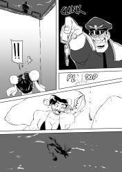 1boy 2girls capcom chun-li comic drtoxic female juri_han key m_bison male monochrome street_fighter tagme underwater