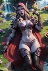 1girls ai_generated armor artist_name bikini bikini_armor black_thighhighs blonde_hair blue_skin boots breasts cape cleavage colored_skin day elf flower gauntlets gloves hi_res hood hood_up long_hair looking_at_viewer medium_breasts navel open_mouth outdoors patreon_username pauldrons pointy_ears r34arts red_cape red_eyes red_hood shoulder_armor solo swimsuit sylvanas_windrunner thighhighs undead warcraft warcraft_3 water world_of_warcraft