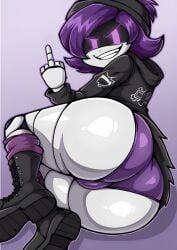 >:d 1girls ai_generated ass_focus bubble_butt drone dumptruck_ass glitch_productions grin huge_ass middle_finger panties robot showing_ass showing_off smile smug_grin tagme uzi_(murder_drones) worker_drone