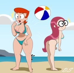 2girls auburn_hair beach big_breasts bikini breasts cartoon_network delta0shadow delta_shadow dexter's_laboratory dexter's_mom female female_focus female_only glasses light-skinned_female light_skin long_hair mature mature_female milf mother oceanbird_astronomonov orange_hair red_hair short_hair thick_thighs wide_hips
