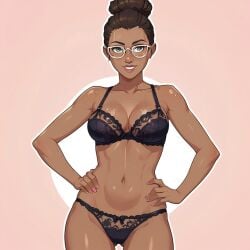 1girls ai_generated arcane black_bra black_lace black_lace_bra black_lace_panties black_panties bra breasts breasts brown_hair brown_skin female female female_focus female_only glasses hands_on_hips lace_bra lace_panties league_of_legends lingerie looking_at_viewer short_hair single_hair_bun sky_young solo solo_female solo_focus standing
