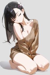 1girls black_hair cleavage closed_eyes closed_mouth hair_clips hair_ornament hectorrambito on_knees resting shadow sweater sweater_only