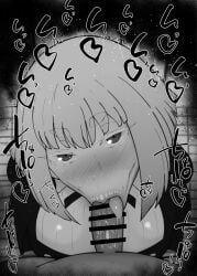 1boy 1girls :>= big_penis black_and_white blush censored detailed_background drooling eyelashes fellatio female heart human indoor inside kurotama looking_at_viewer male male_pov oral oral_sex penis rock_wa_lady_no_tashinami_deshite room saliva school_uniform shiny shiny_skin short_hair sketch sound_effects squatting student sweat tamaki_shiraya text tongue_out vein veins veiny veiny_penis