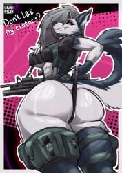 absurd_res albinion anthro ass assault_rifle big_breasts bodily_fluids breasts canid canid_demon canine canis clothed clothing demon digital_media_(artwork) female fur gun hellhound helluva_boss hi_res legwear looking_at_viewer loona_(helluva_boss) m4a1 mammal military_uniform mythological_canine mythological_creature mythology open_mouth piercing ranged_weapon red_sclera rifle smile solo stockings tail text uniform weapon white_body white_fur wolf