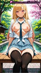 1girls 2025 ai_generated bangs black_choker black_thighhighs blonde_hair blue_skirt blush breasts choker closed_mouth collared_shirt earrings hi_res highres jewelry kitagawa_marin large_breasts long_hair looking_at_viewer natsuyoru necktie nipples open_clothes open_shirt outdoors patreon plaid plaid_skirt pleated_skirt pussy red_eyes school_uniform shirt sitting skirt smile solo sono_bisque_doll_wa_koi_wo_suru thighhighs tied_shirt voluptuous voluptuous_female white_shirt