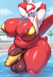 ai_generated armpits balls big_ass big_balls big_breasts big_penis erection_under_clothes futanari gold_bikini golden_week intersex latias novelai pokemon pokemon_(species) pool precum sibal123 thick_thighs