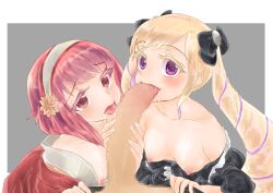 1boy 2girls bangs bare_shoulders blonde_hair blowjob breasts brown_eyes censored collaborative_fellatio elise_(fire_emblem) fellatio female_focus ffm_threesome fire_emblem fire_emblem_fates hairband heart-shaped_pupils hoiru licking licking_penis long_hair looking_at_viewer male male_pov multiple_girls nintendo nipples off_shoulder oral penis_grab penis_lick pink_hair pov purple_eyes sakura_(fire_emblem) short_hair small_breasts smile teamwork threesome twintails